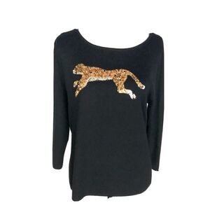 Bozaglo Women's blouse, Black, 3/4 Sleeves Sz M Cheetah front Sequin‎ Bling Silk